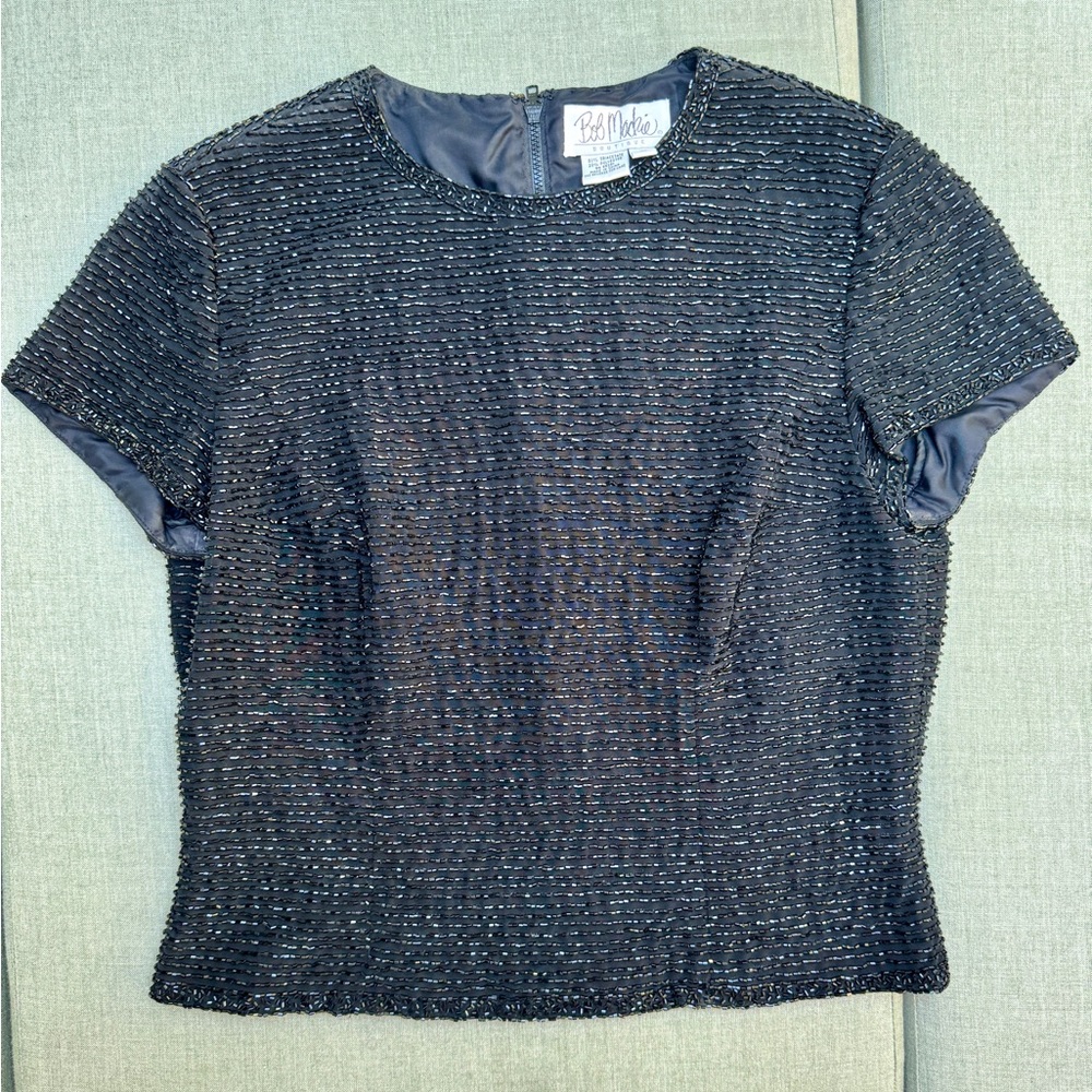 Vintage Bob Mackie Wearable Art Black All Over Beaded Short Sleeve Top Blouse L